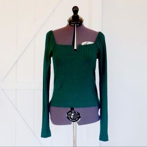 FREE PEOPLE hunter green long sleeve square neck top. Size S.